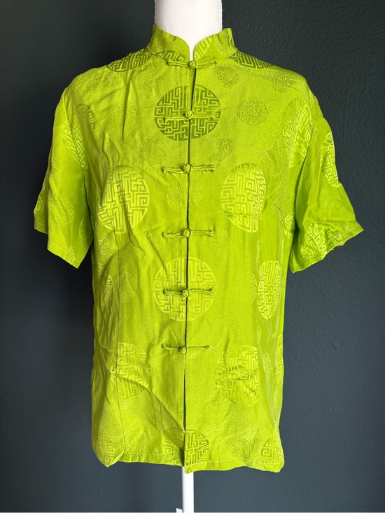Tops - VTG Chartreuse Frog Button Jacquard Blouse Mandarin Collar Top